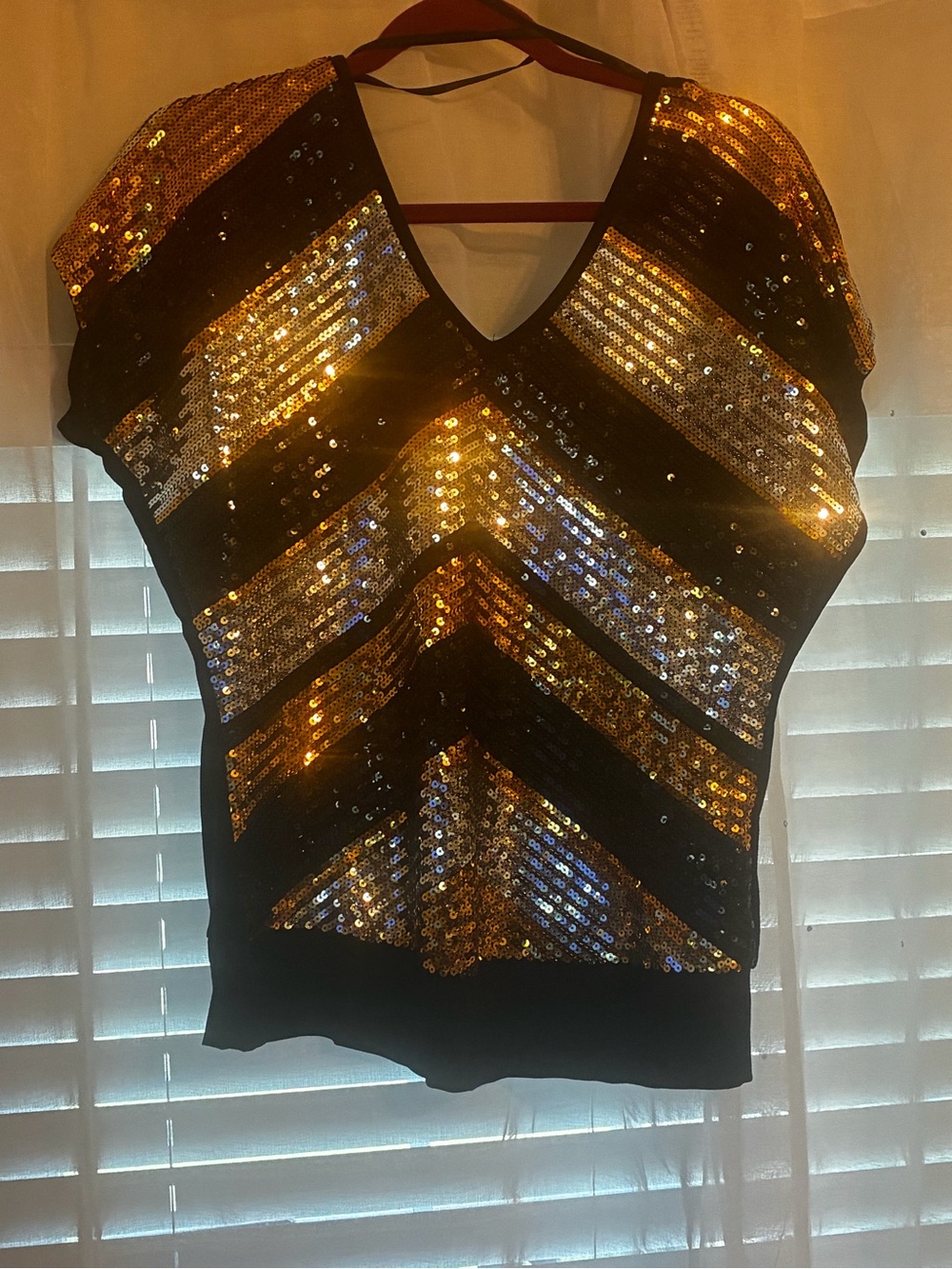 Bebe Woman’s Black and Gold Chevron Sequin Top, Size: M